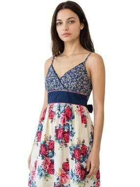 Xhilaration Dual Floral Empire Waist Sundress Navy Rose Print Tie Sash
